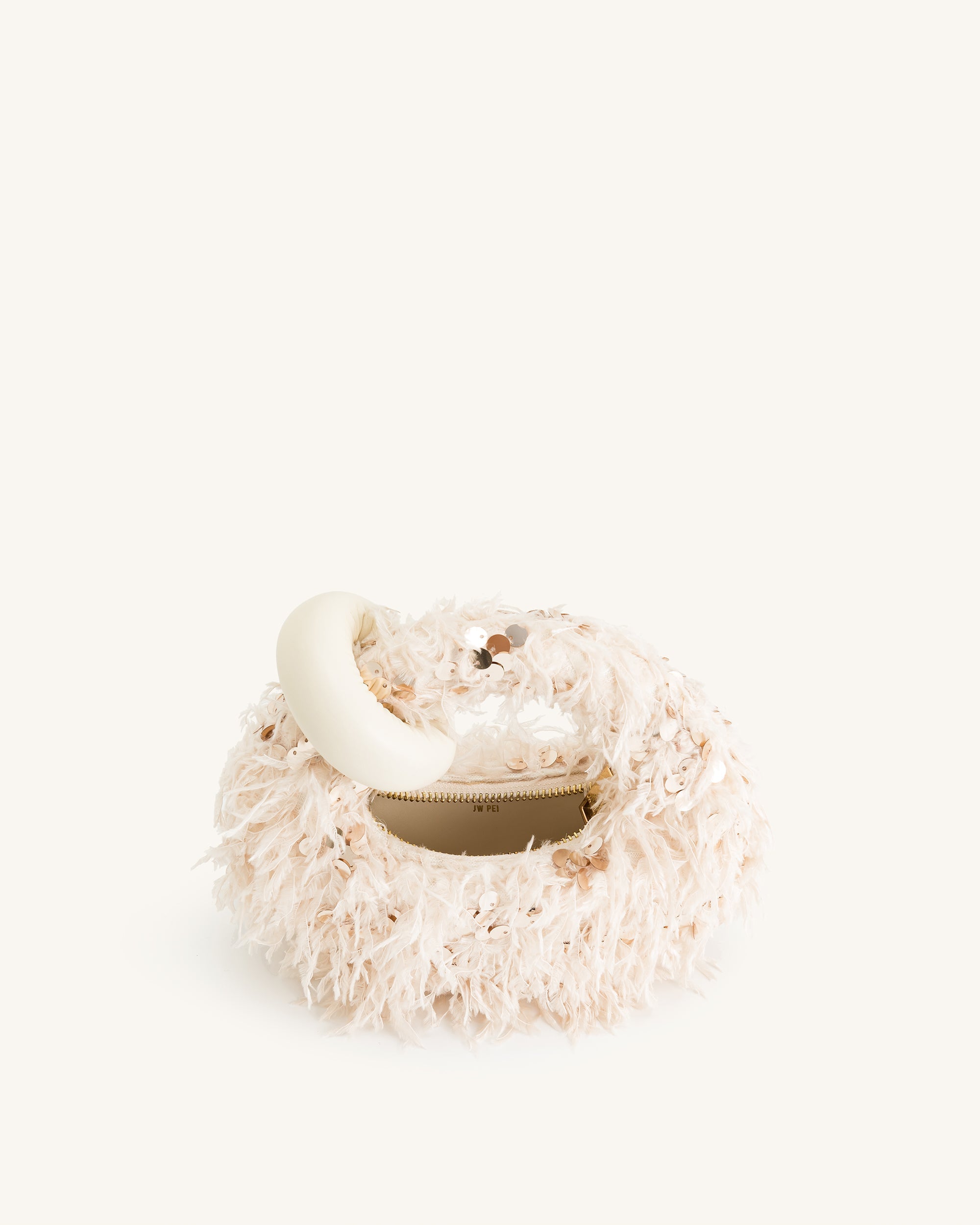 Borsa mini con manico superiore in pelliccia sintetica e paillettes Abacus - Beige